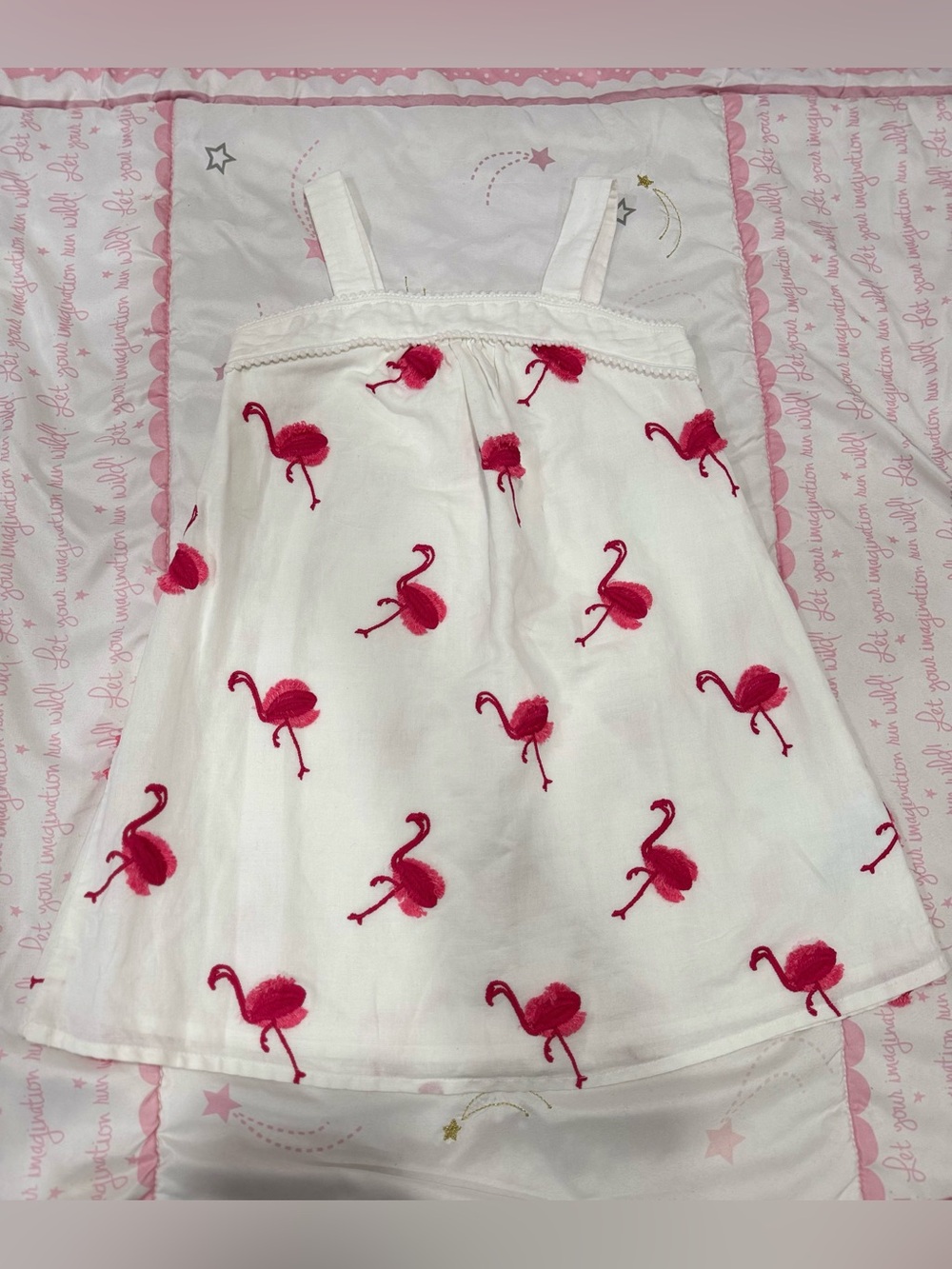 4, Janie and Jack White Classic Dress with Pink Flamingo Embroidered Accents